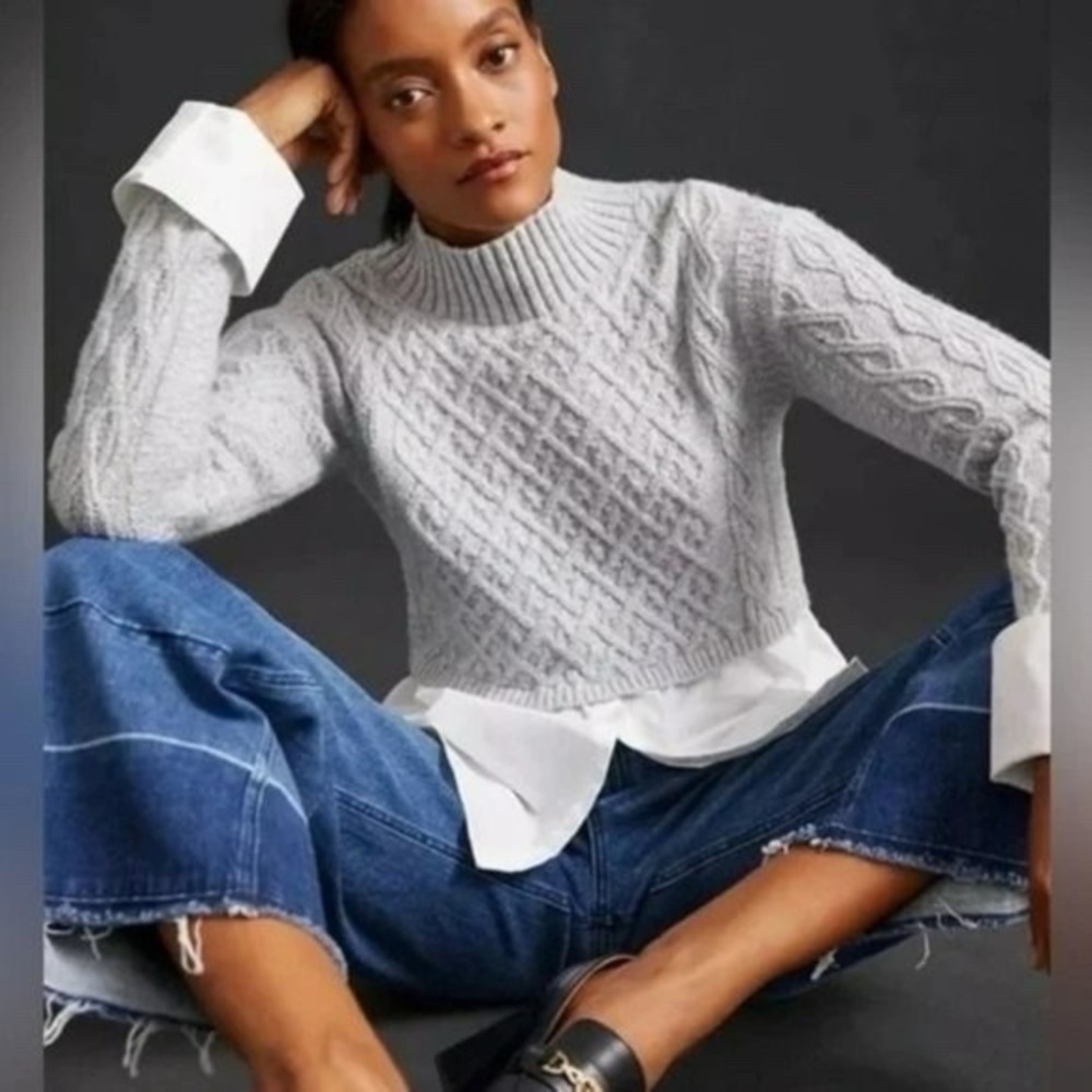 Maeve Anthropologie Grey Cable Knit Layered Shirt Sweater Mock Neck Small NWT